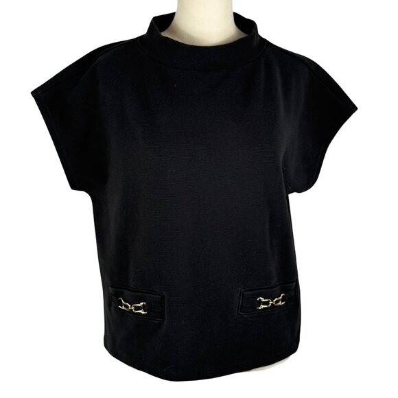 Ann Taylor Chain Link Mock Neck Top in Black  – Size MP (Petite Medium) - Picture 3 of 10